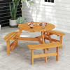 6-Person Round Picnic Table Set with 3 Built-in Benches and Umbrella Hole-Brown