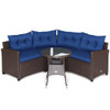 4 Pieces Patio Rattan Furniture Set Cushioned Sofa Glass Table-Navy