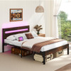 Heavy-Duty Metal Slats Support Bed Platform with Charging Station-Walunt