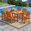 7 Pcs Outdoor Dining Set Teak Oil Finish Slatted Rectangular Dining Table and 6 Armchairs