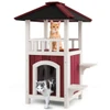 2-Story Wooden Cat House with Asphalt Roof Balcony and Rain Curtain-Red & White