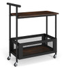2-Tier Rolling End Table with Handle and Mesh Basket-Rustic Brown