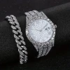 Color: Silver - Fashion Hip-hop Cuban Bracelet & Men's Steel Band Faux Diamond Watch, Fashion Men's