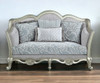 66" Light Gray And Champagne Linen Damask Loveseat and Toss Pillows