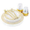 Elama 150 Piece Disposable Plastic Dinnerware Party Set for 25 Guests in White with Gold Decal Trim