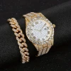 Color: Silver - Fashion Hip-hop Cuban Bracelet & Men's Steel Band Faux Diamond Watch, Fashion Men's