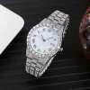 Color: Silver - Fashion Hip-hop Cuban Bracelet & Men's Steel Band Faux Diamond Watch, Fashion Men's