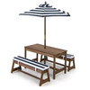 Kids Outdoor Wooden Picnic Table Bench Chairs Cushions Umbrella Set Navy/White