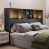 Queen size Bookcase Headboard in Black Wood Finish with LED Lights