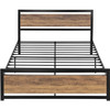 Queen Metal Platform Bed Frame with Brown Wood Panel Headboard and Footboard