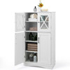 White Bathroom Towel Linen Cabinet with Glass Doors and Storage Shelves