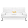 White Faux Leather Convertible Sofa Futon with 2 Cup Holders
