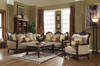 68" Cream And Brown Damask Chesterfield Loveseat and Toss Pillows