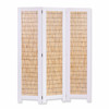 67" White and Natural Wood Folding Three Panel Screen Room Divider