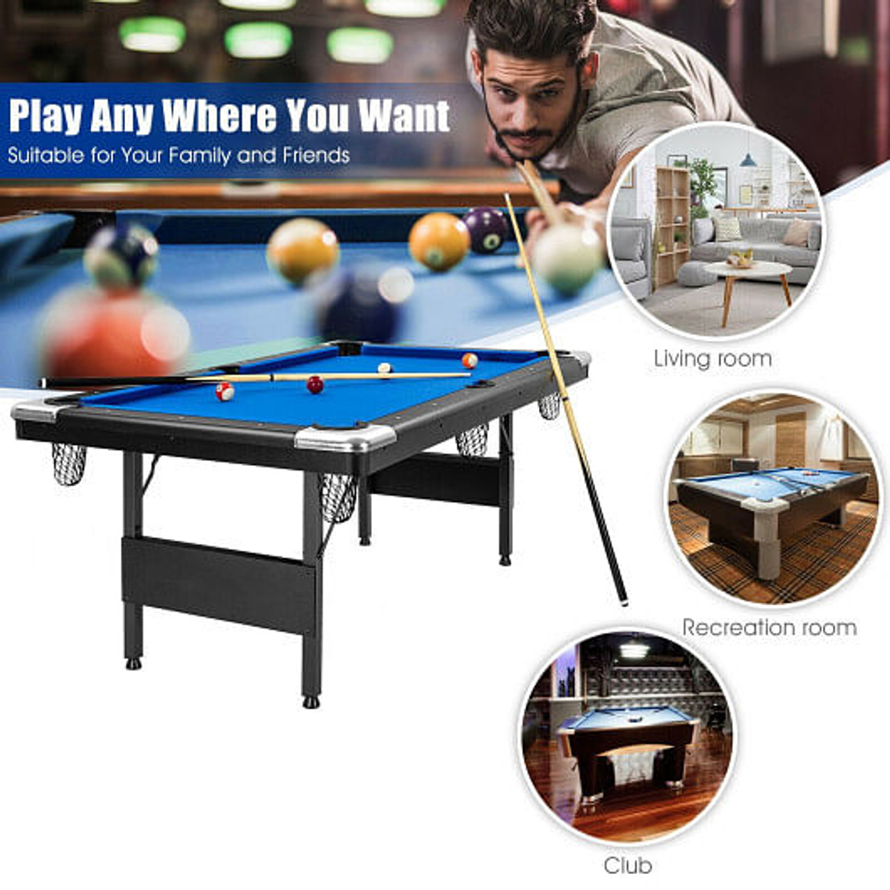 6 Feet Foldable Billiard Pool Table with Complete Set of Balls-Blue