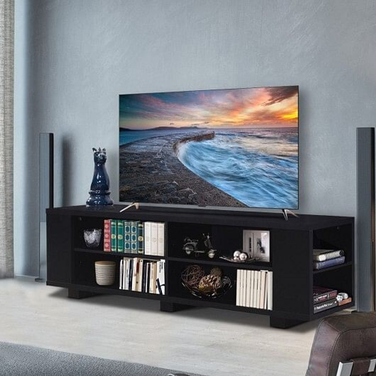 59 Inch Console Storage Entertainment Media Wood TV Stand-Black