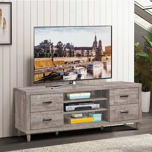 Retro Wooden TV Stand with 3 Open Shelves and 4 Drawers SMITH