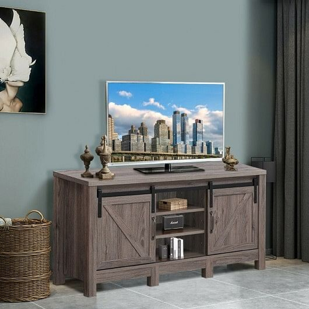 55 Inch TV Sliding Barn Door Entertainment Center with Adjustable Shelves