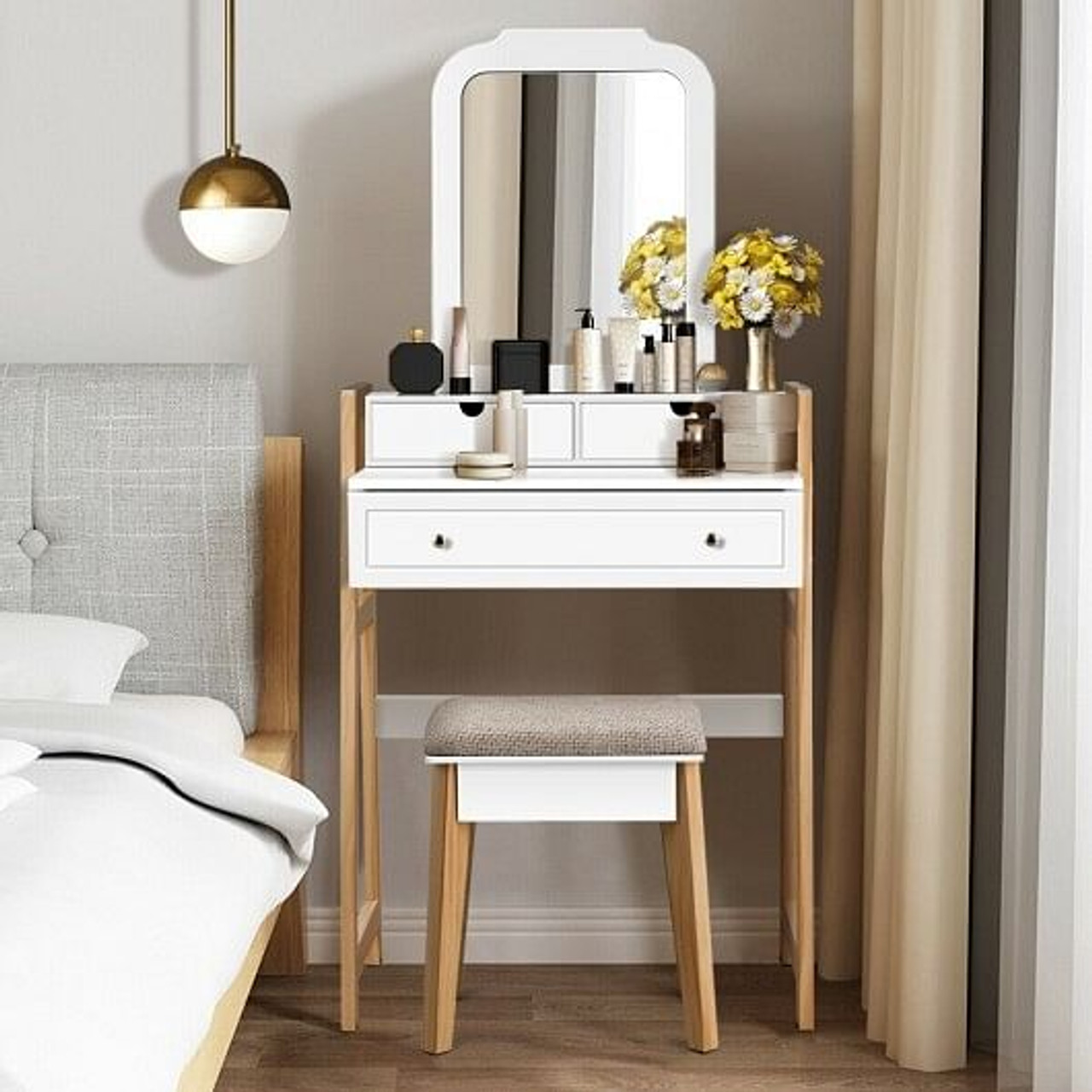 Vanity Table Set with Cushioned Stool and Large Mirror