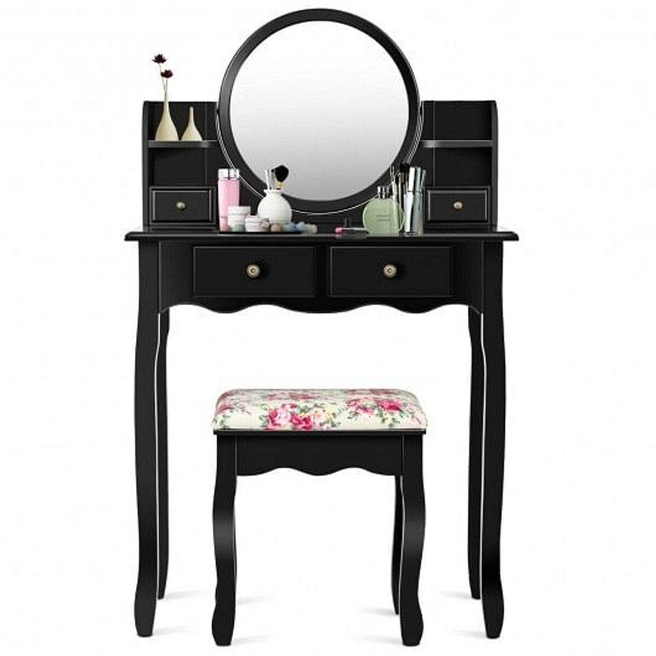 Makeup Vanity Table Set Girls Dressing Table with Drawers Oval Mirror-Black