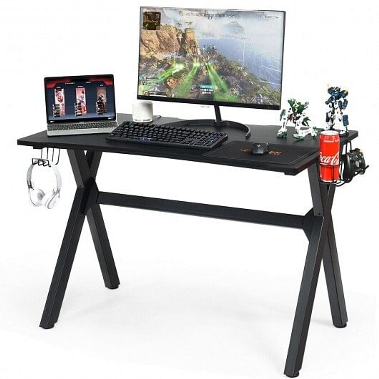 Ergonomic Gaming Desk with Mousepad and Cup Headphone Holder