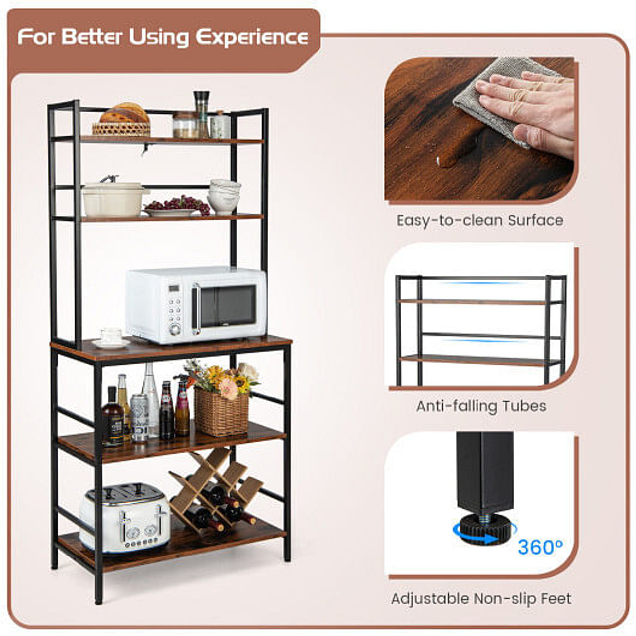 5-Tier Kitchen Bakers Rack with Hutch and Open Shelves-Rustic Brown