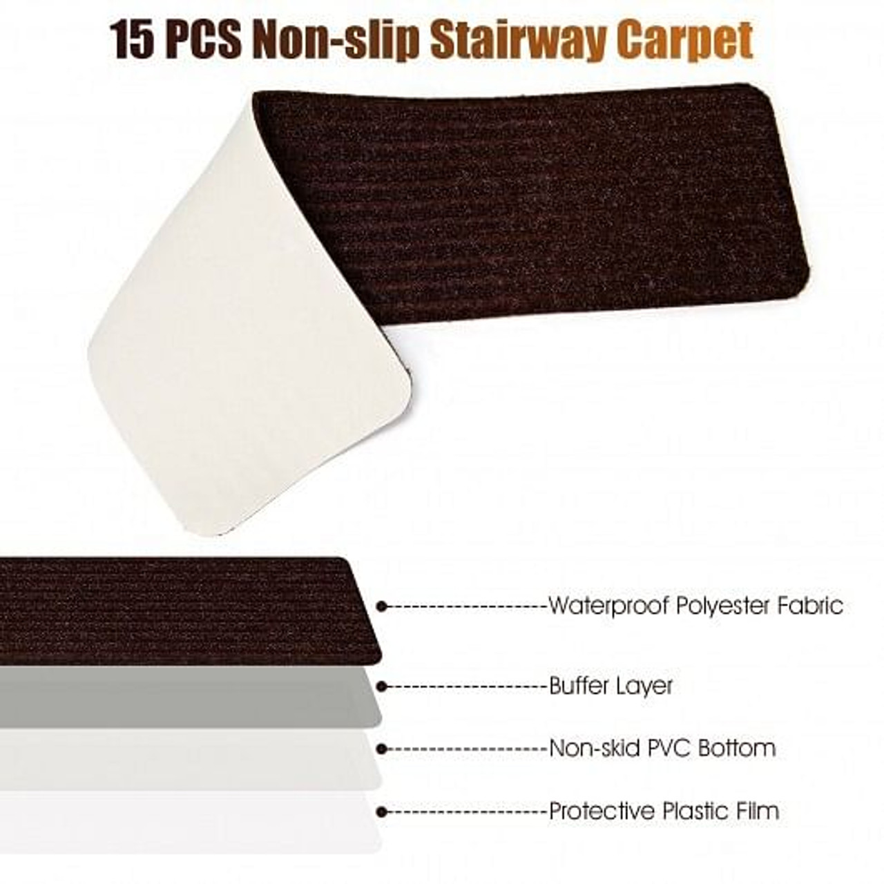 15 Pieces 30 x 8 Inch Slip Resistant Soft Stair Treads Carpet-Brown