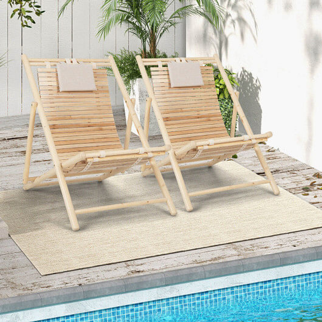 Solid Fir Wood Lounge Chair with 3-Level Adjustable Backrest and Soft Padded Headrest-Natural