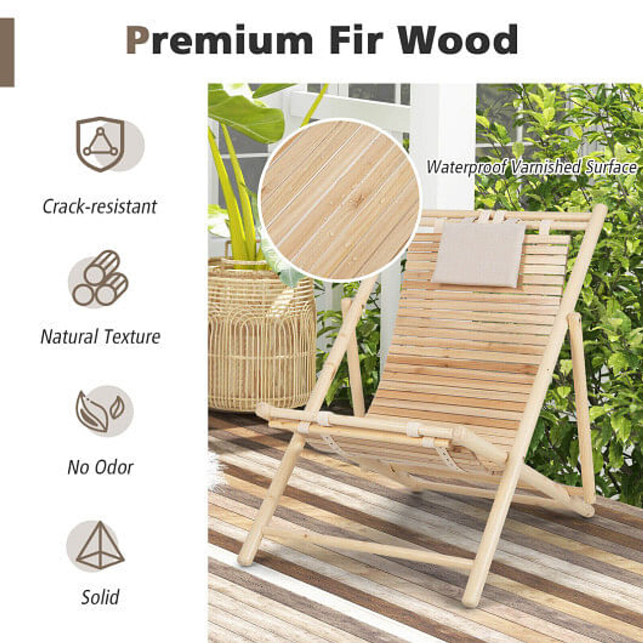 Solid Fir Wood Lounge Chair with 3-Level Adjustable Backrest and Soft Padded Headrest-Natural