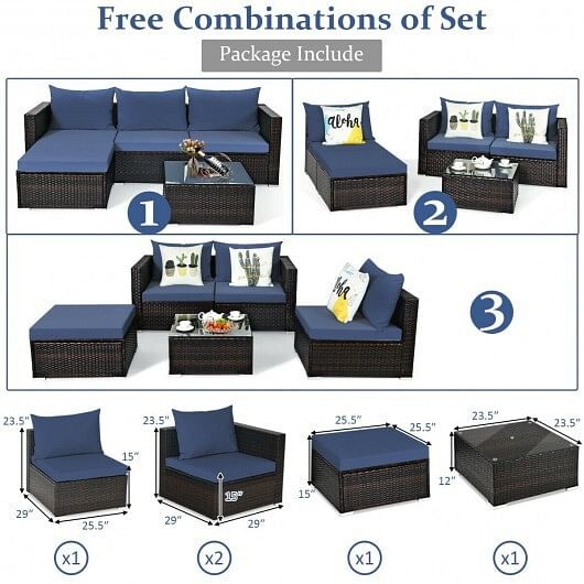 5 Pieces Patio Rattan Sectional Furniture Set with Cushions and Coffee Table-Red