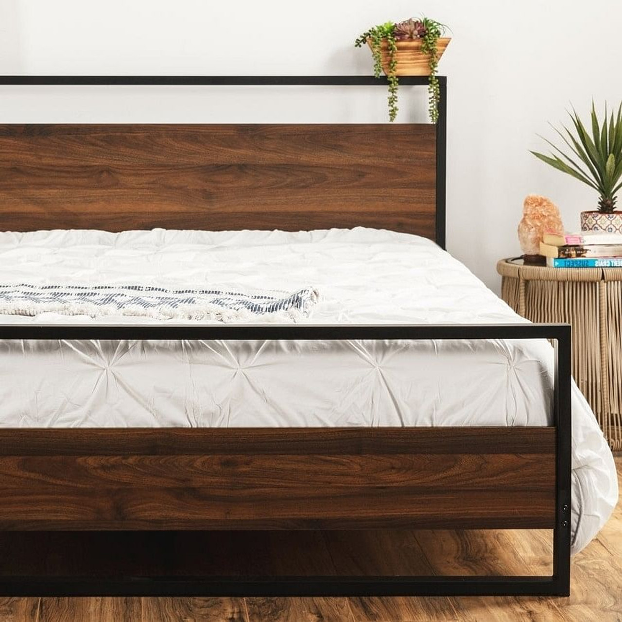 Queen size Farmhouse Metal Wood Platform Bed Frame with Headboard Footboard
