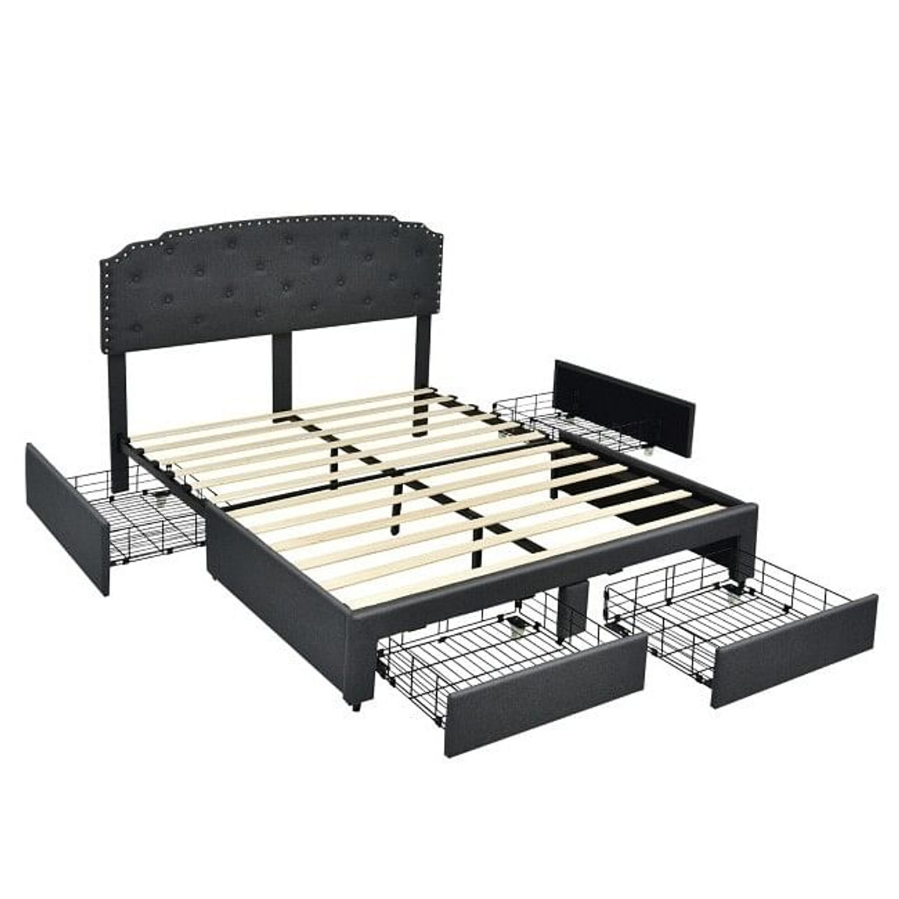 Full Size Grey Linen Adjustable Headboard 4 Drawer Storage Platform Bed
