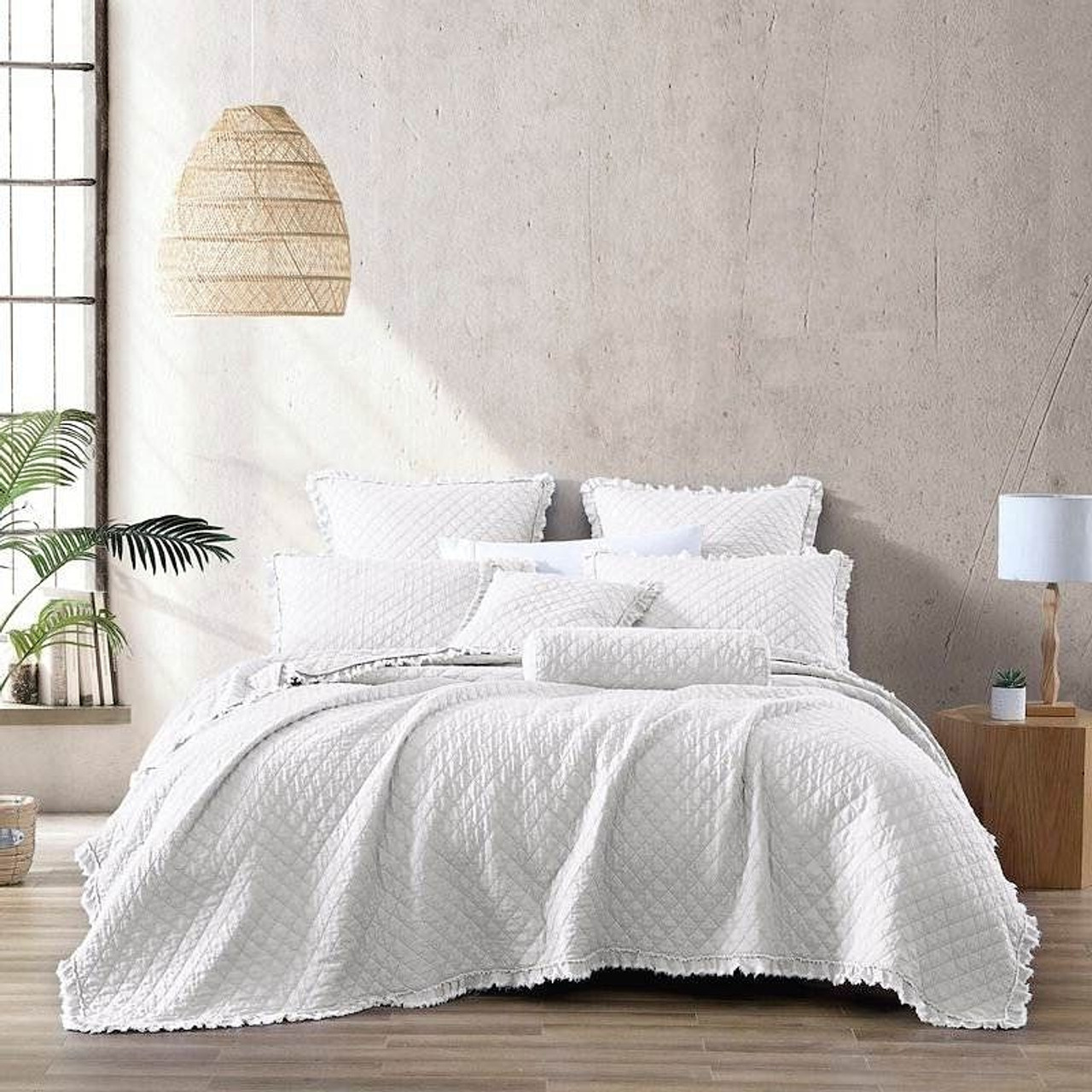 Twin White Farmhouse Microfiber Diamond Quilted Bedspread Set Frayed Edges