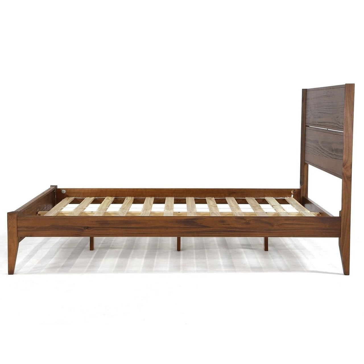 Queen Size Rustic Walnut Mid Century Slatted Platform Bed