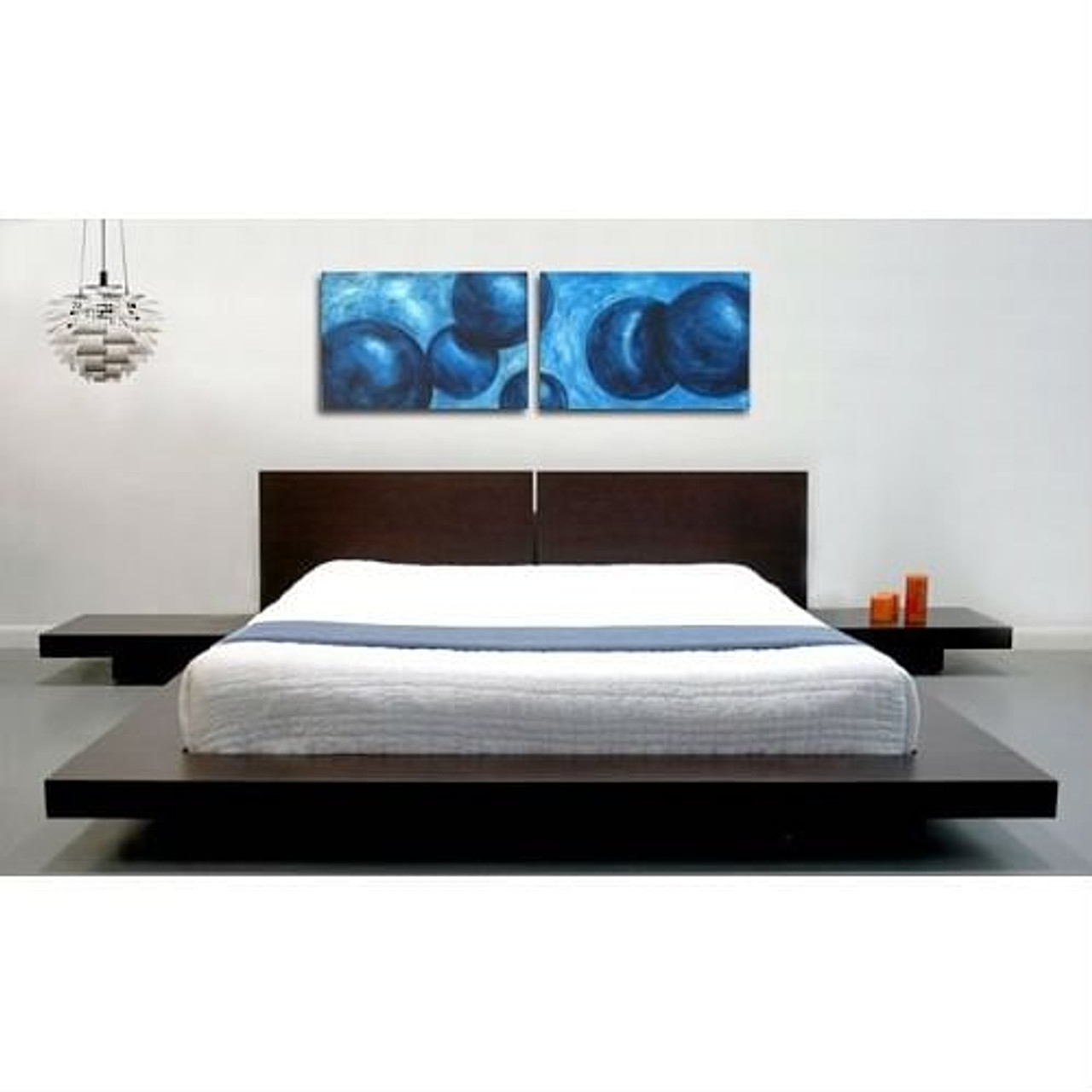 King Modern Japanese Style Platform Bed with Headboard and 2 Nightstands in Espresso