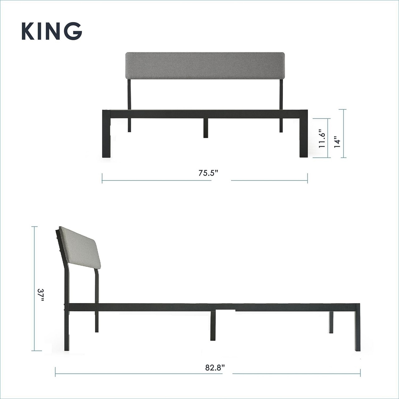 King Size Grey Soft Fabric Metal Headboard Platform Bed Wooden Slats