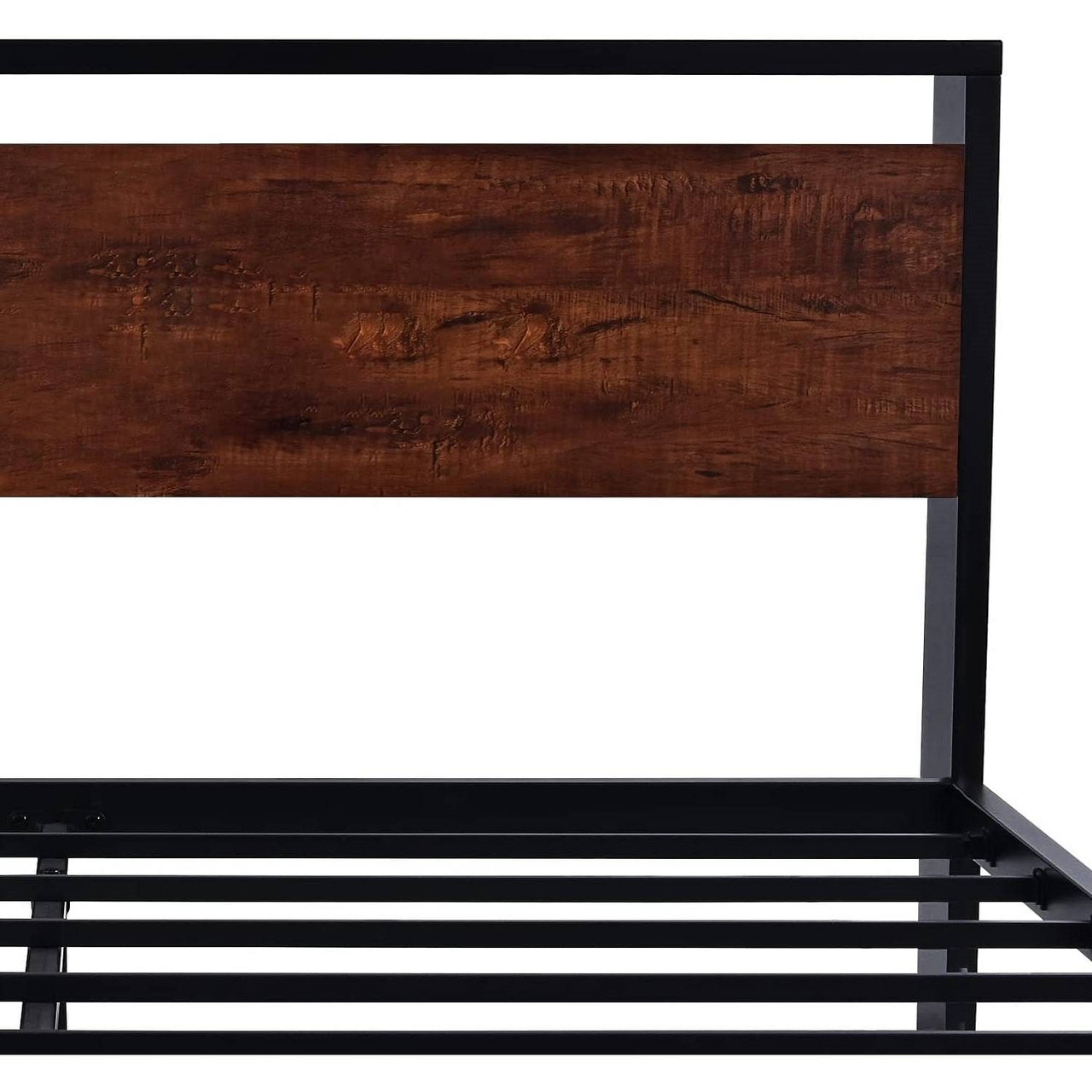 Queen Metal Platform Bed Frame with Mahogany Wood Panel Headboard Footboard