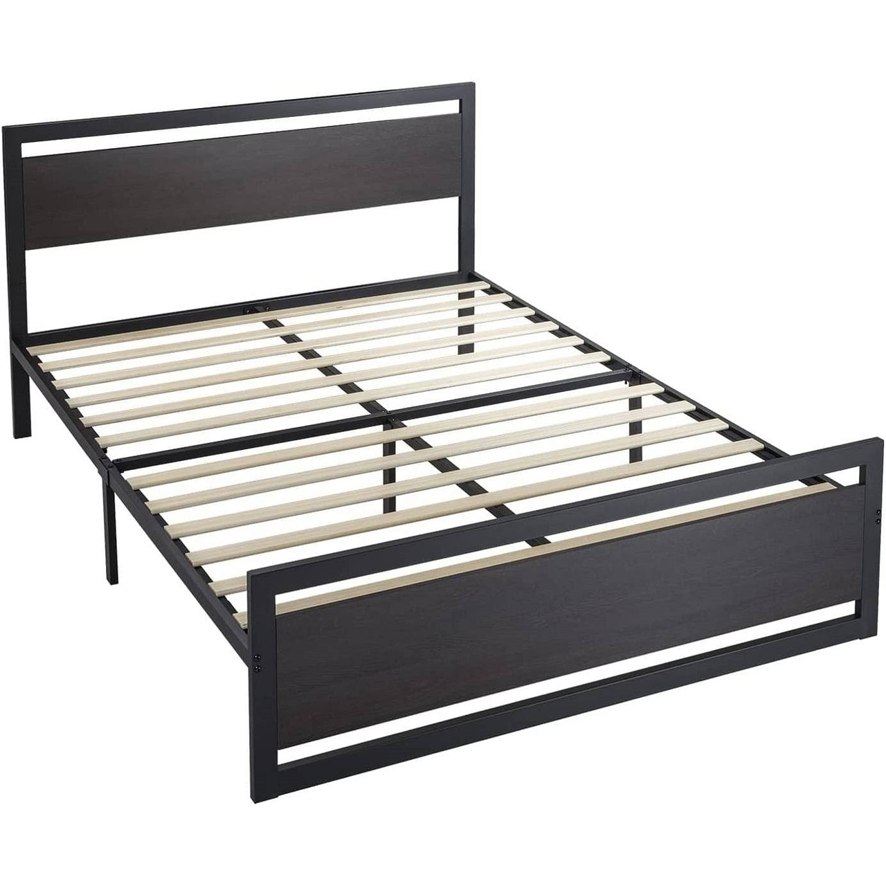 Full Black Metal Platform Bed Frame with Wood Panel Headboard and Footboard