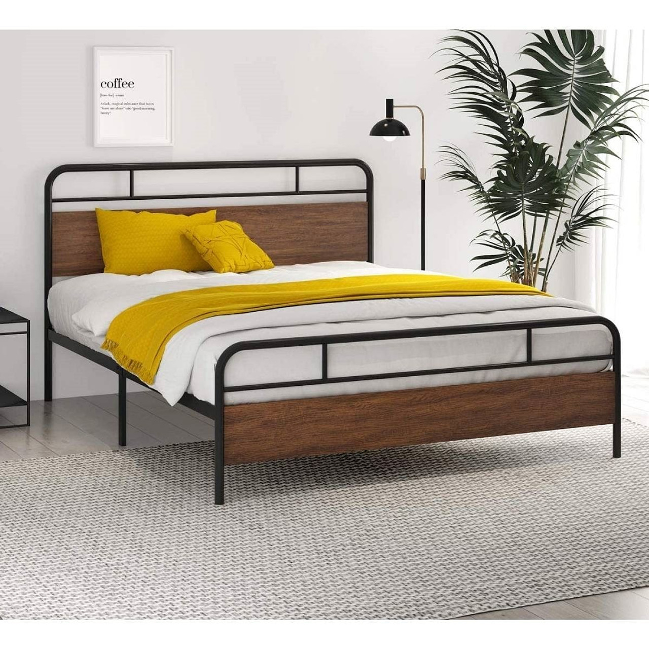 Queen Size Industrial Metal Wood Platform Bed Frame with Headboard and Footboard