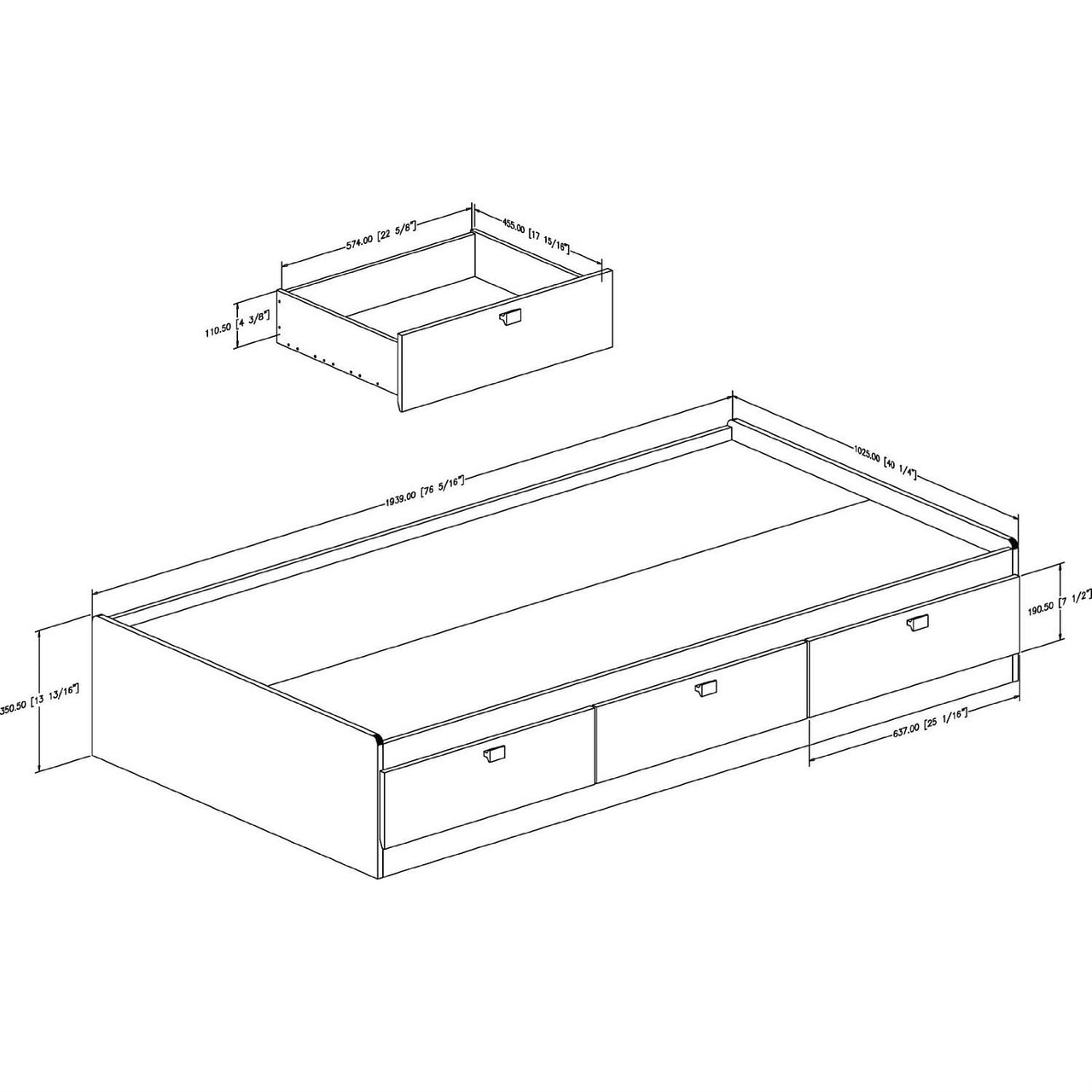 Twin size Platform Bed with 3 Storage Drawers in Black Finish