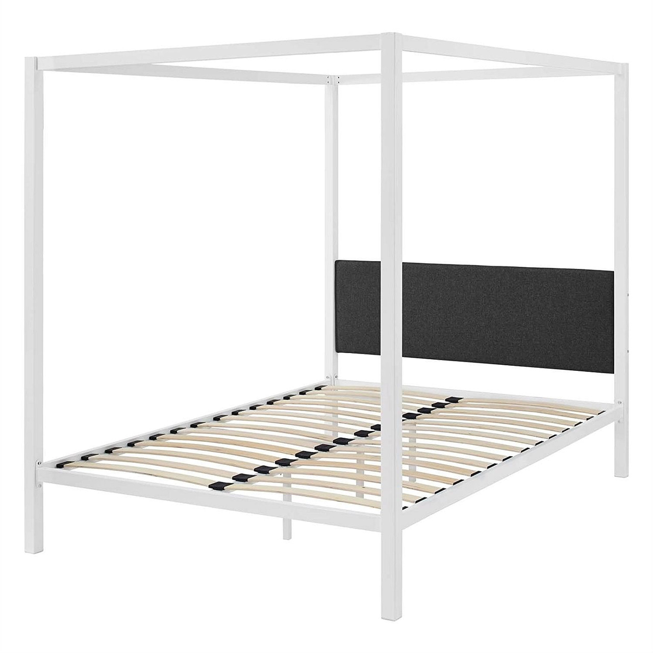 Queen size White Metal Canopy Bed Frame with Grey Fabric Upholstered Headboard