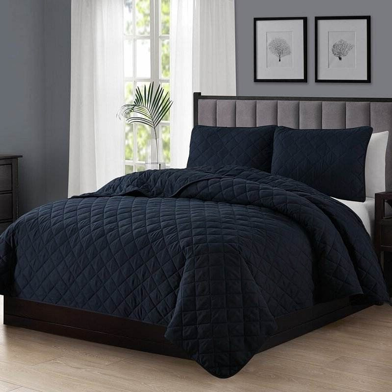 King size 3-Piece Navy Blue Polyester Microfiber Reversible Diamond Quilt Set