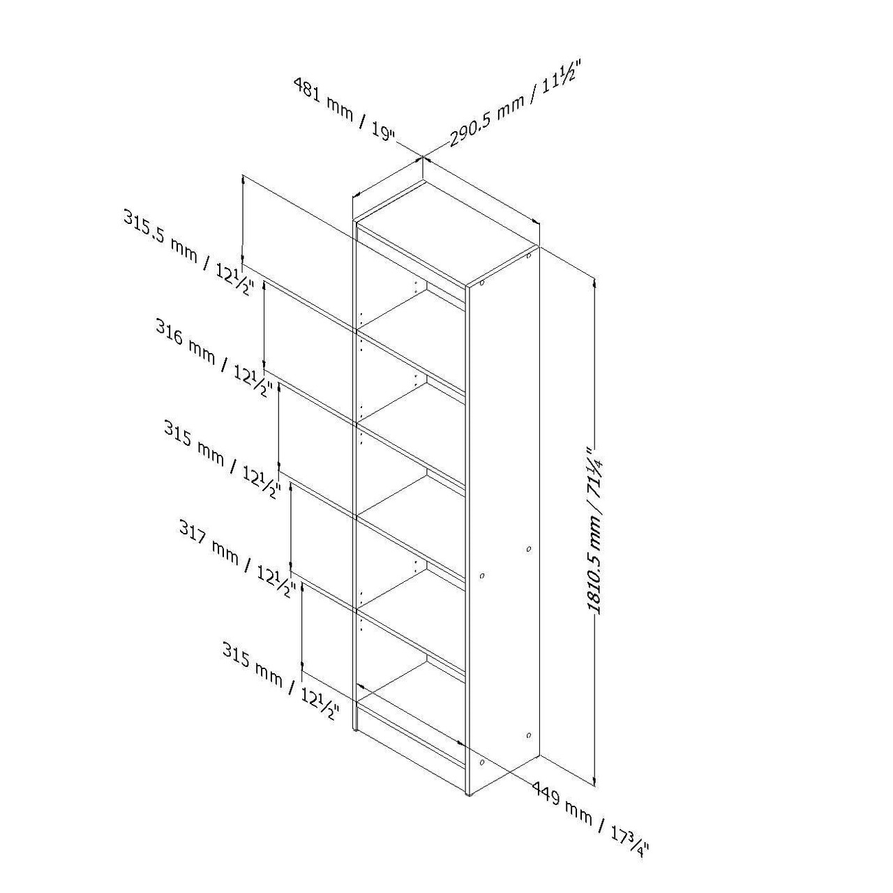 5-Shelf Narrow Bookcase Storage Shelves in White Wood Finish