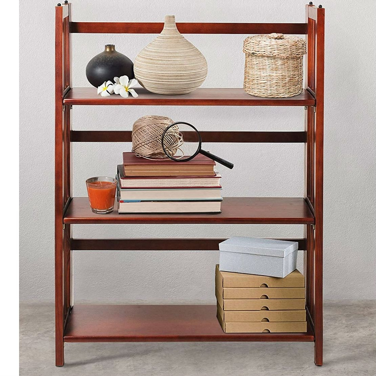 3-Shelf Folding Storage Shelves Bookcase in Walnut Wood Finish