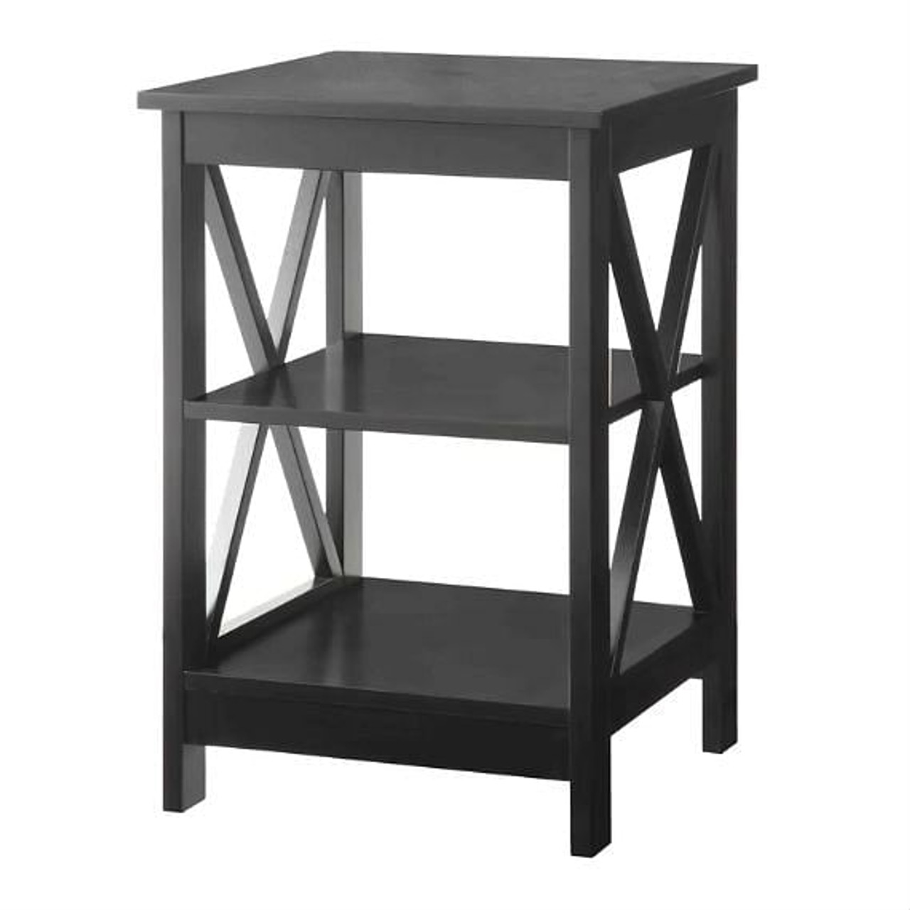 Black Wood X-Design End Table Nightstand with 3 Open Shelves Black Wood X-Design End Table Nightstand with 3 Open Shelves