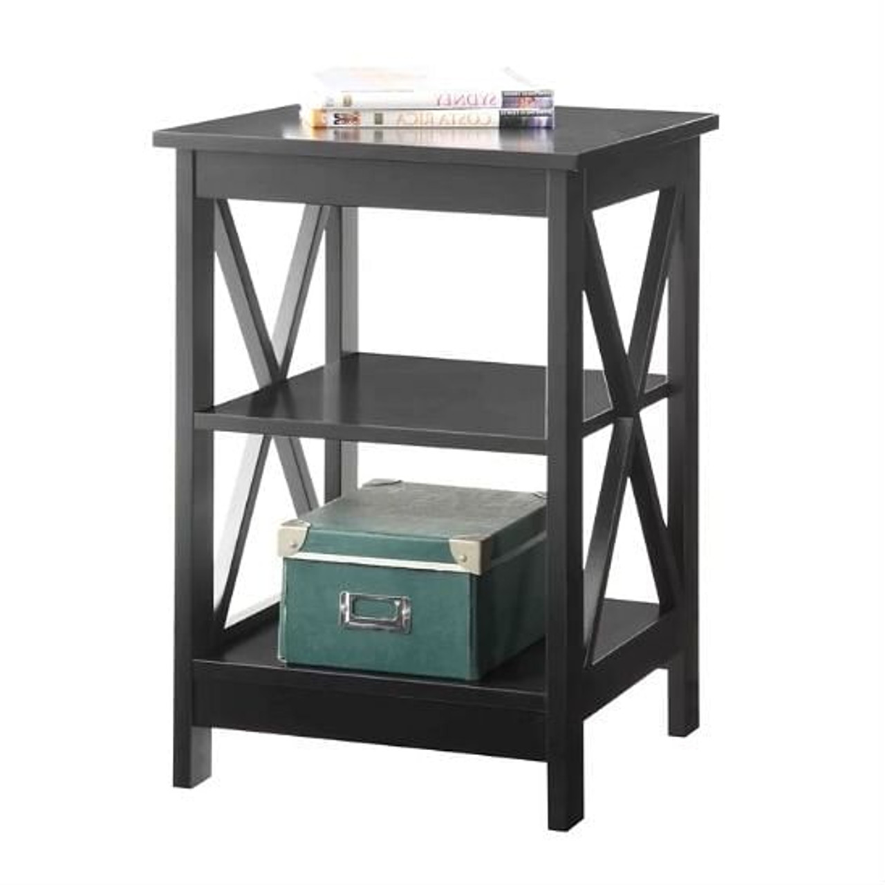 Black Wood X-Design End Table Nightstand with 3 Open Shelves Black Wood X-Design End Table Nightstand with 3 Open Shelves
