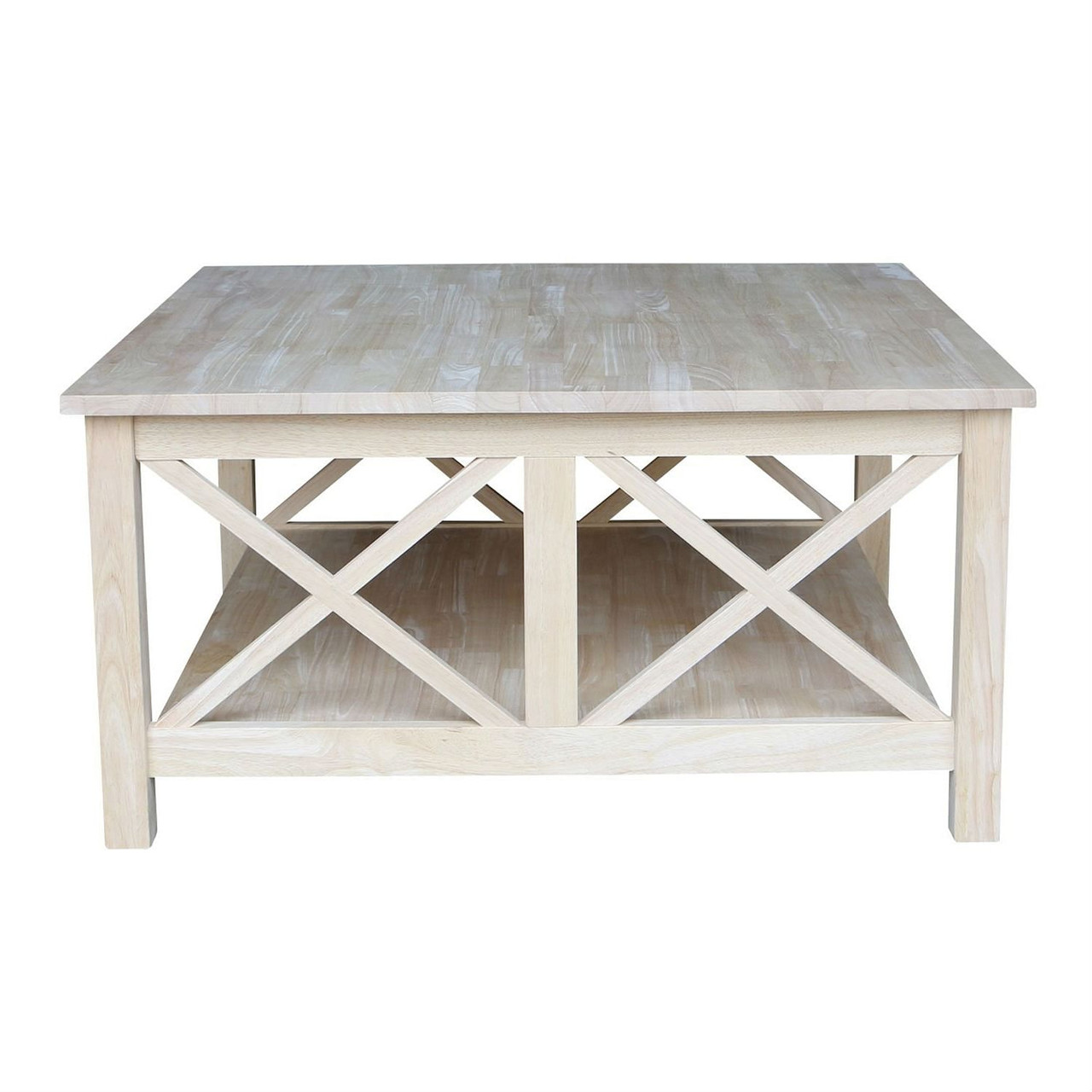 Square Unfinished Solid Wood Coffee Table with Bottom Shelf