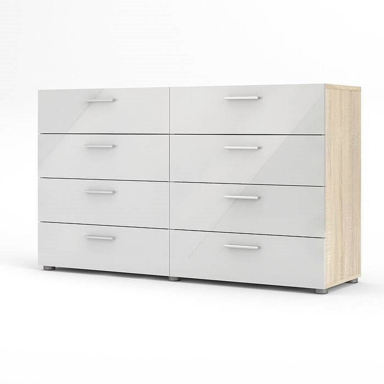 White Modern Bedroom 8-Drawer Double Dresser with Oak Finish Sides and Top