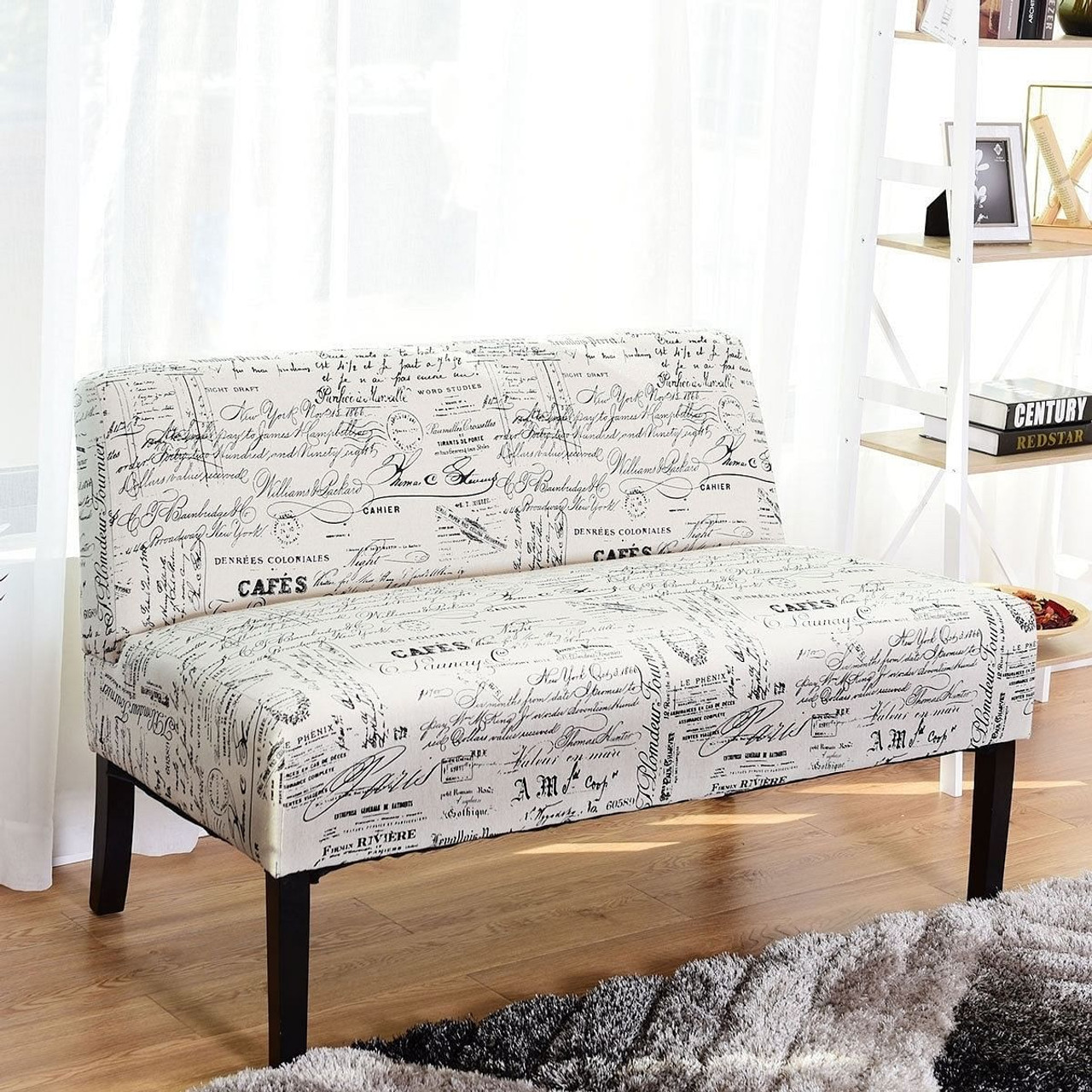 Modern Loveseat Sofa with Off-White Cursive Pattern Upholstery and Black Wood Legs