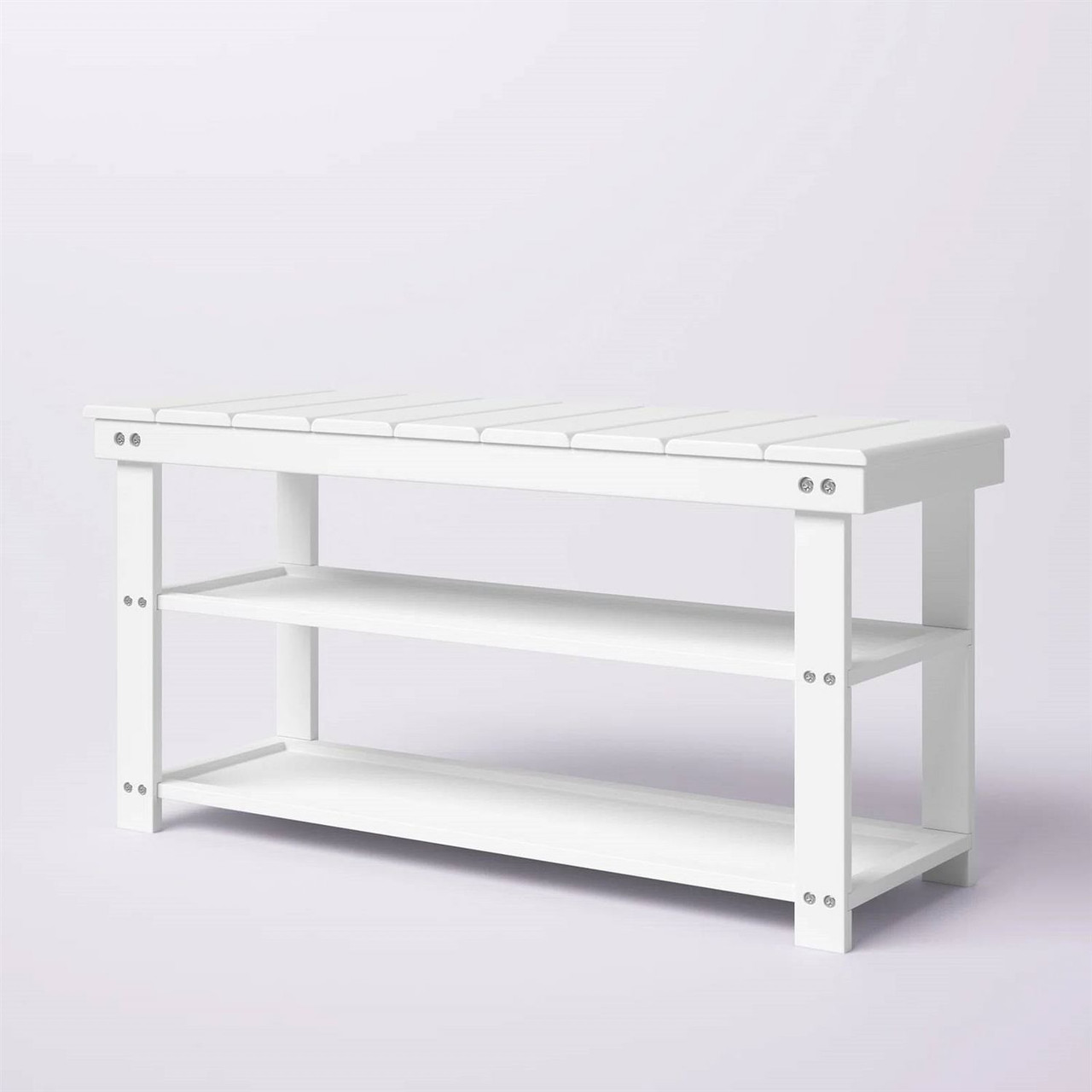 White Slatted Wood 2-Shelf Shoe Rack Storage Bench For Entryway or Closet